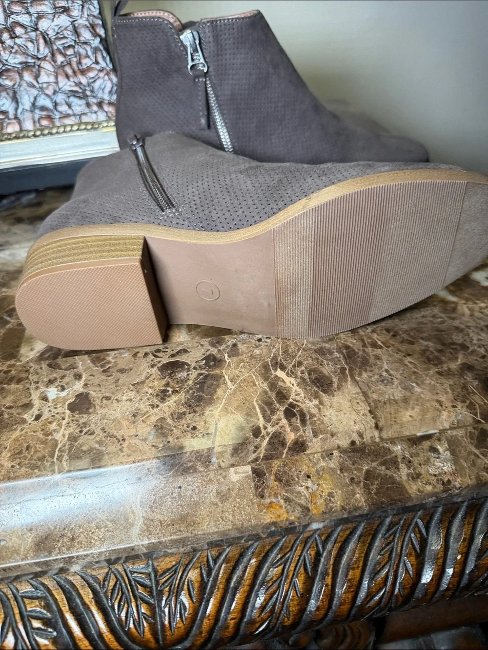 Perforated Taupe Ankle Booties with Side Zip